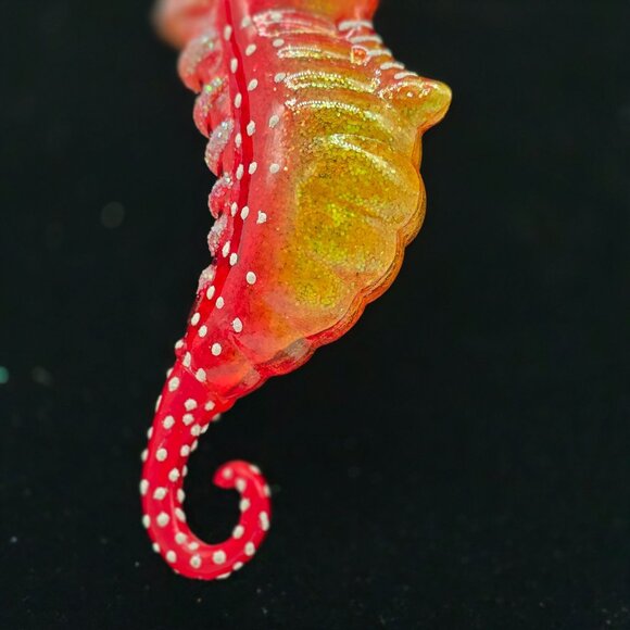 Anthropomorphic Seahorse Glass Ornament Orange & Yellow Glitter Accents 5.5"" - Picture 3 of 7